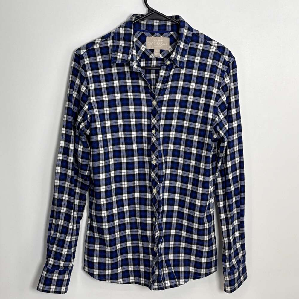 Banana Republic Womens Medium Blue Plaid Soft Wash Tartan Shirt Button Up Preppy